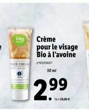 Lidl Crème pour le visage bio à l'avoine offre