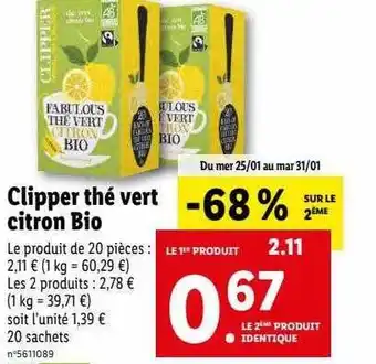 Lidl Clipper thé vert citron bio offre