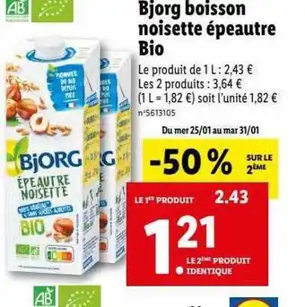 Lidl Bjorg boisson noisette épeautre bio offre