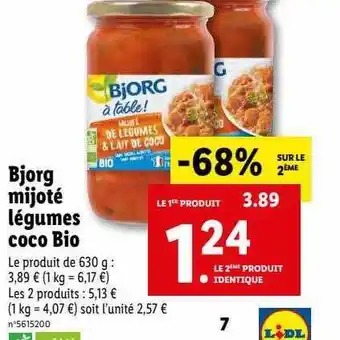Lidl Bjorg mijoté légumes coco bio offre
