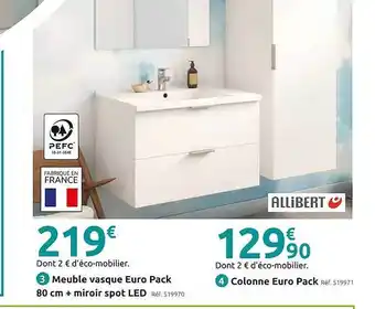 Meuble vasque euro pack 80 cm + miroir spot led, colonne euro pack allibert