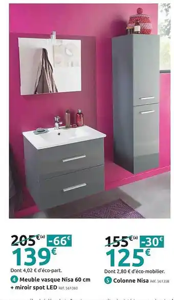 Mr Bricolage Meuble vasque nisa 60 cm + miroir spot led, colonne nisa offre