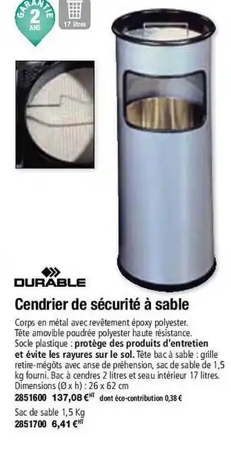 Cendrier de sécurité à sable durable