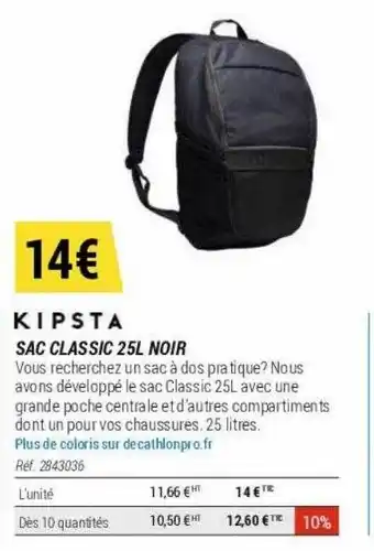 Decathlon Sac classic 25l noir kipsta offre