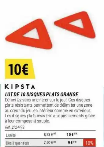 Decathlon Lot de 10 disques plats orange kipsta offre
