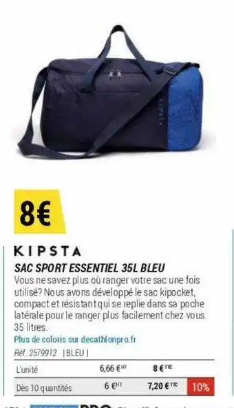 Decathlon Sac sport essentiel 35l bleu kipsta offre
