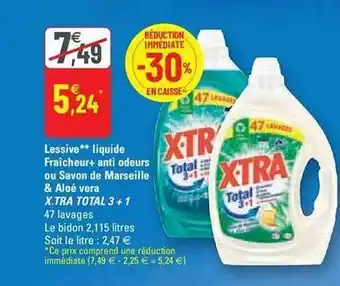 G20 Lessive liquide fraîcheur+ anti odeurs ou savon de marseille & aloé vera x.tra total 3 + 1 offre