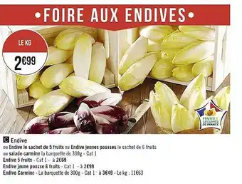 Casino Supermarchés Endive ou endive le sachet de 5 fruits ou endive jeunes pousses, endive 5 fruits, endive jeune pousse 6 fruits, endive carmin offre