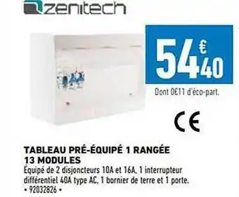 Tableau pré-équipé 1 rangée 13 modules zenitech