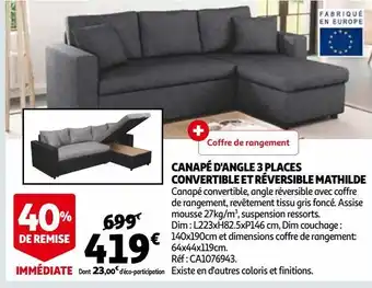 Auchan Canapé d'angle 3 places convertible et réversible mathilde offre
