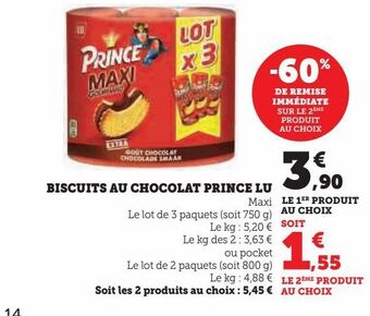 Hyper U Biscuits au chocolat prince lu offre