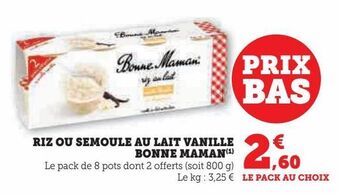 Hyper U Riz ou semoule au lait vanille bonne maman offre