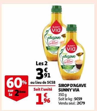 Auchan Sirop d'agave sunny via offre
