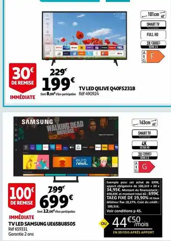 Auchan Tv led qilive q40fs231b, tv led samsung ue65bu8505 offre