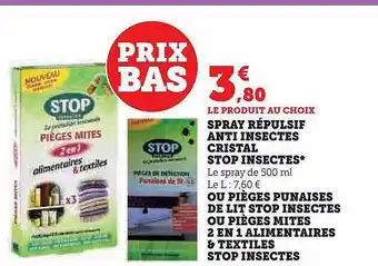 Hyper U Spray répulsif anti insectes cristal stop insectes ou pièges punaises de lit stop insectes ou pièges mites 2 en 1 alimentaire offre