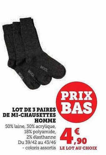 Hyper U Lot de 3 paires de mi-chaussettes homme offre