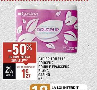 Papier toilette douceur double épaisseur blanc casino