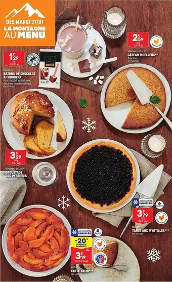 ALDI Bâtons de chocolat à fondre isaura, gâteau moelleux véritable délice, croustade des pyrénées, tarte aux myrtilles mucci, tart offre