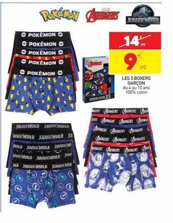 Les 5 boxers garçon pokémon, avengers, jurassic world