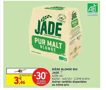 Intermarché Bière blonde bio jade offre