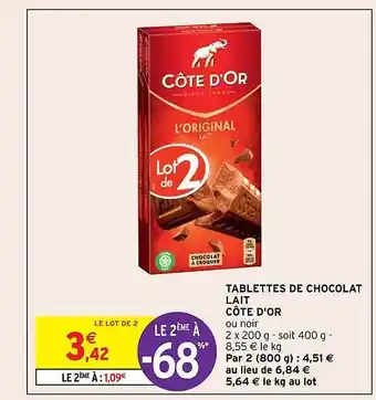 Intermarché Tablettes de chocolat lait côte d'or offre