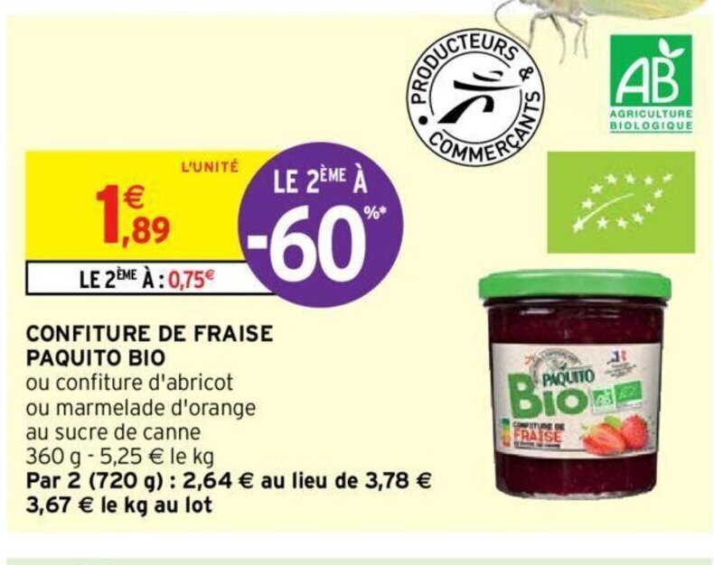 Promo Confiture de Fraise Paquito Bio chez Intermarché