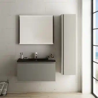Castorama Meuble sous vasque à suspendre pura gris 90 cm + plan vasque en résine noir offre