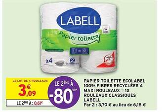 Intermarché Papier toilette ecolabel 100% fibres recyclées 4 maxi rouleaux = 12 rouleaux classiques labell offre