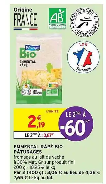 Intermarché Express Emmental râpé bio pâturages offre