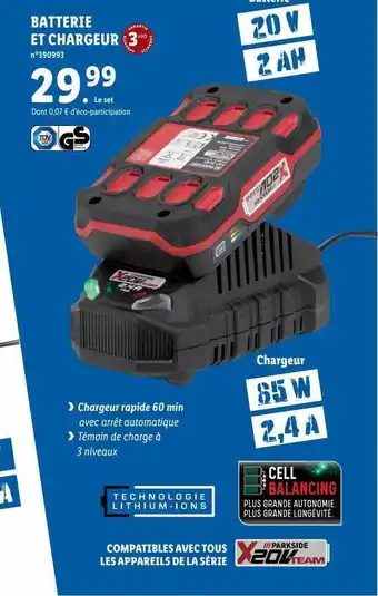 Lidl Batterie et chargeur x20v team parkside offre
