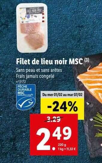 Lidl Filet de lieu noir msc offre