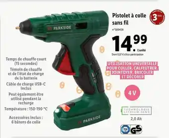 Lidl Pistolet à colle sans fil parkside offre
