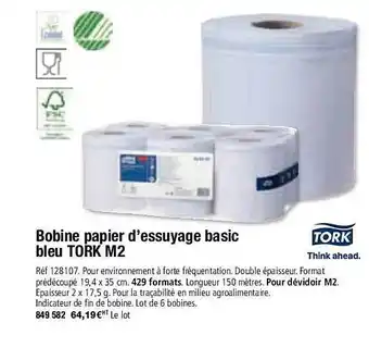 Bobine papier d'essuyage basic bleu tork m2