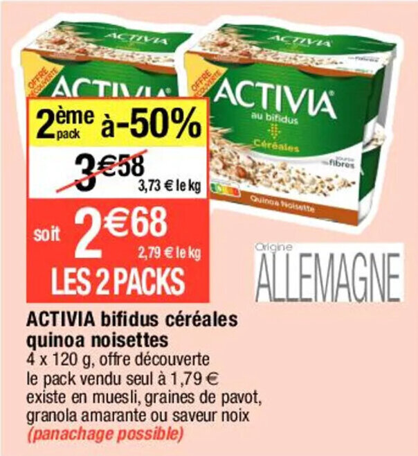 Promo ACTIVIA bifidus céréales quinoa noisettes chez Migros