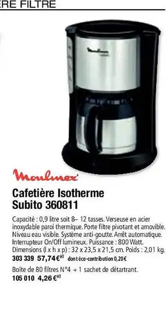 Moulmex cafetière isotherme subito 360811