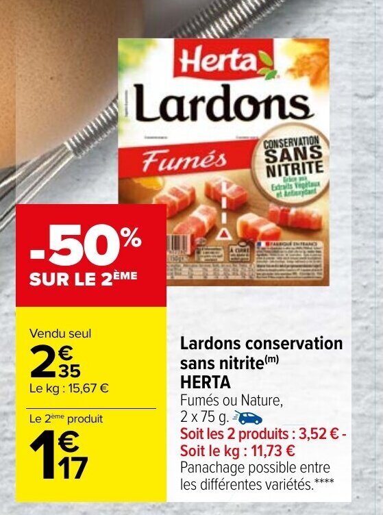 Promo Lardons Conservation Sans Nitrite Herta chez Carrefour