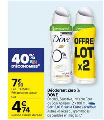 Carrefour Déodorant zero% dove offre