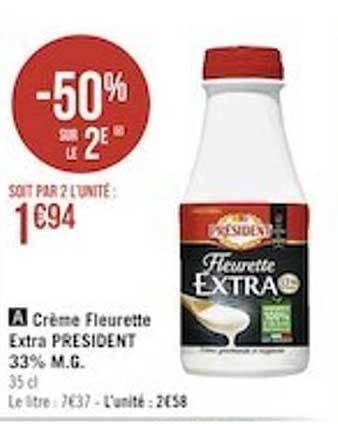 Casino Supermarchés Crème fleurette extra président 33% m.g. offre