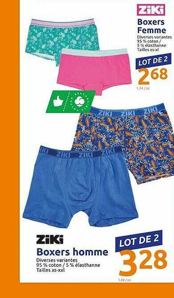 Action Boxers Femme Ziki, Boxers Homme Ziki offre