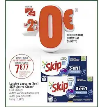 Casino Supermarchés Lessive capsules 3 en 1 skip active clean offre