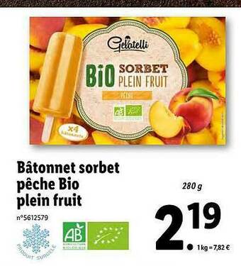 Lidl Bâtonnet Sorbet Pêche Bio Plein Fruit Gelatelli offre