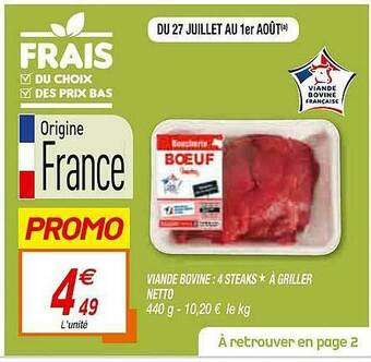 Netto Viande Bovine : 4 Steaks à Griller Netto offre