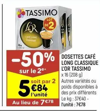 Leader Price Dosettes café long classique l’or tassimo offre