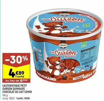Leader Price L’authentique petit ourson guimauve chocolat au lait cemoi offre