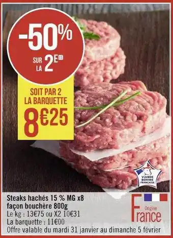 Steaks hachés 15% mg x8 façon bouchère 800g