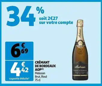 Auchan Crémant de bordeaux aop malesan brut, rosé offre