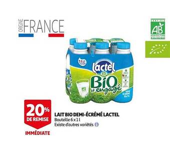 Auchan Lait bio demi-écrémé lactel offre