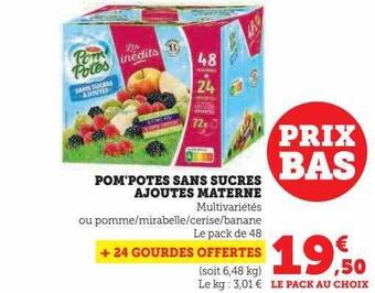 Super U Pom'potes sans sucres ajoutés materne offre