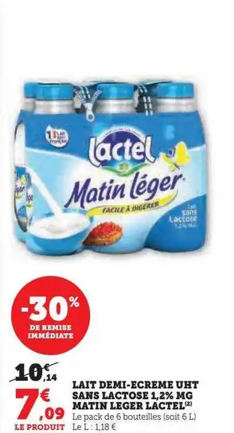 U Express Lait demi-écrémé uht sans lactose 1.2% mg matin léger lactel -30% de remise immédiate offre