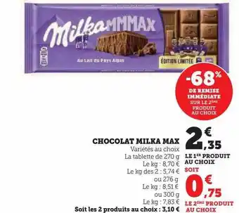U Express Chocolat milka max -68% de remise immédiate sur le 2ème produit au choix offre